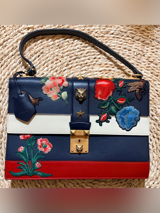 Gucci Handbags - Gucci Blue Leather Striped Embroidered Riche Shoulder Bag